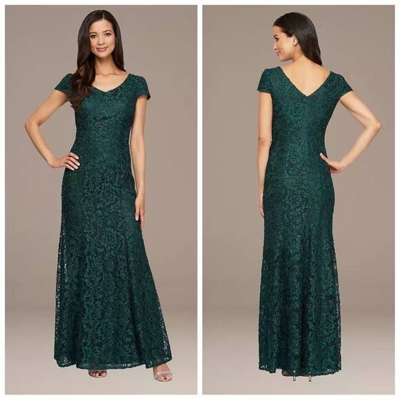 Alex Evenings Green Lace Beaded V-Neck Gown Size 14 | Elegant Formal Maxi Dress - Picture 1 of 12